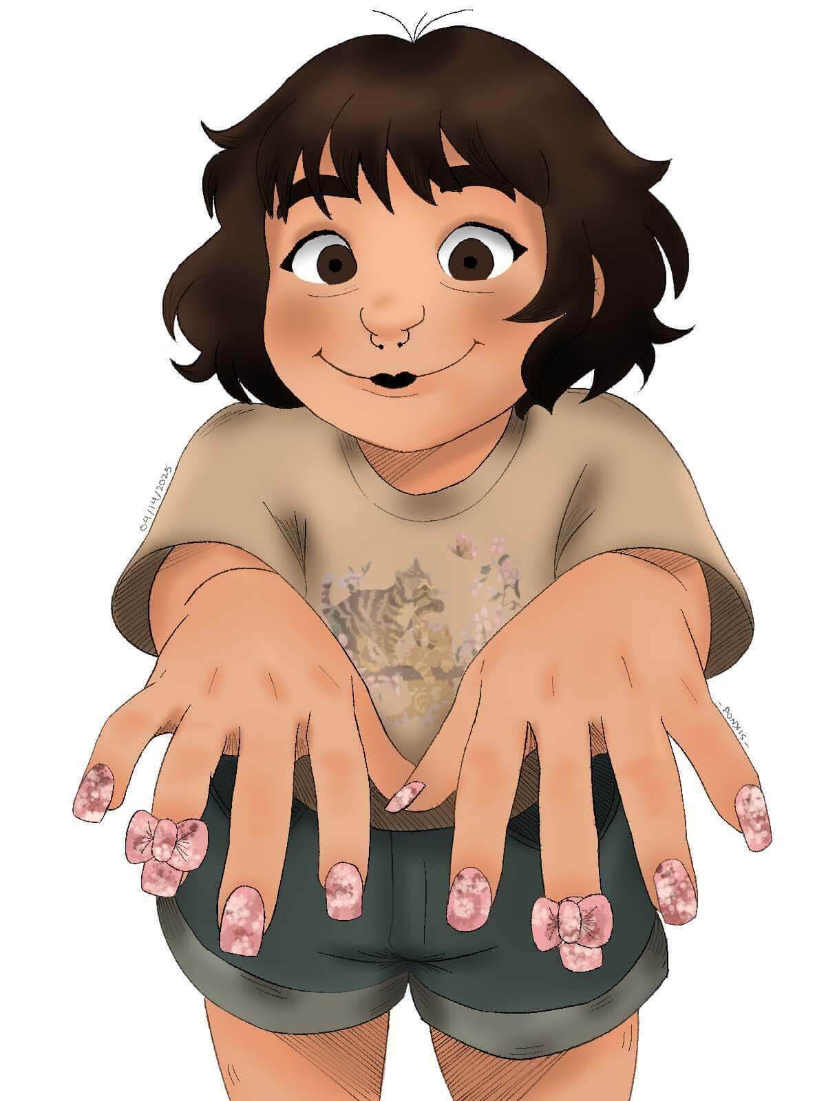 Cartoon drawing of a girl showing her nails