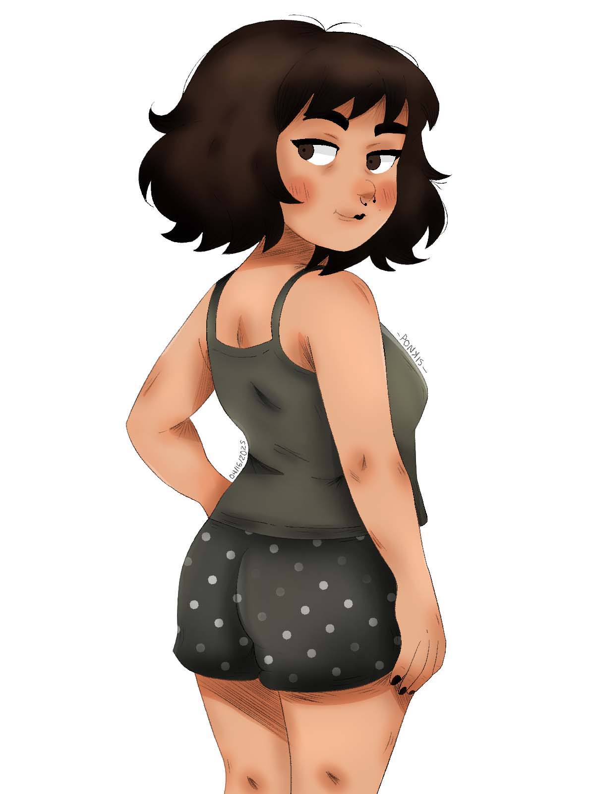 Cartoon drawing of a girl standing by from behind