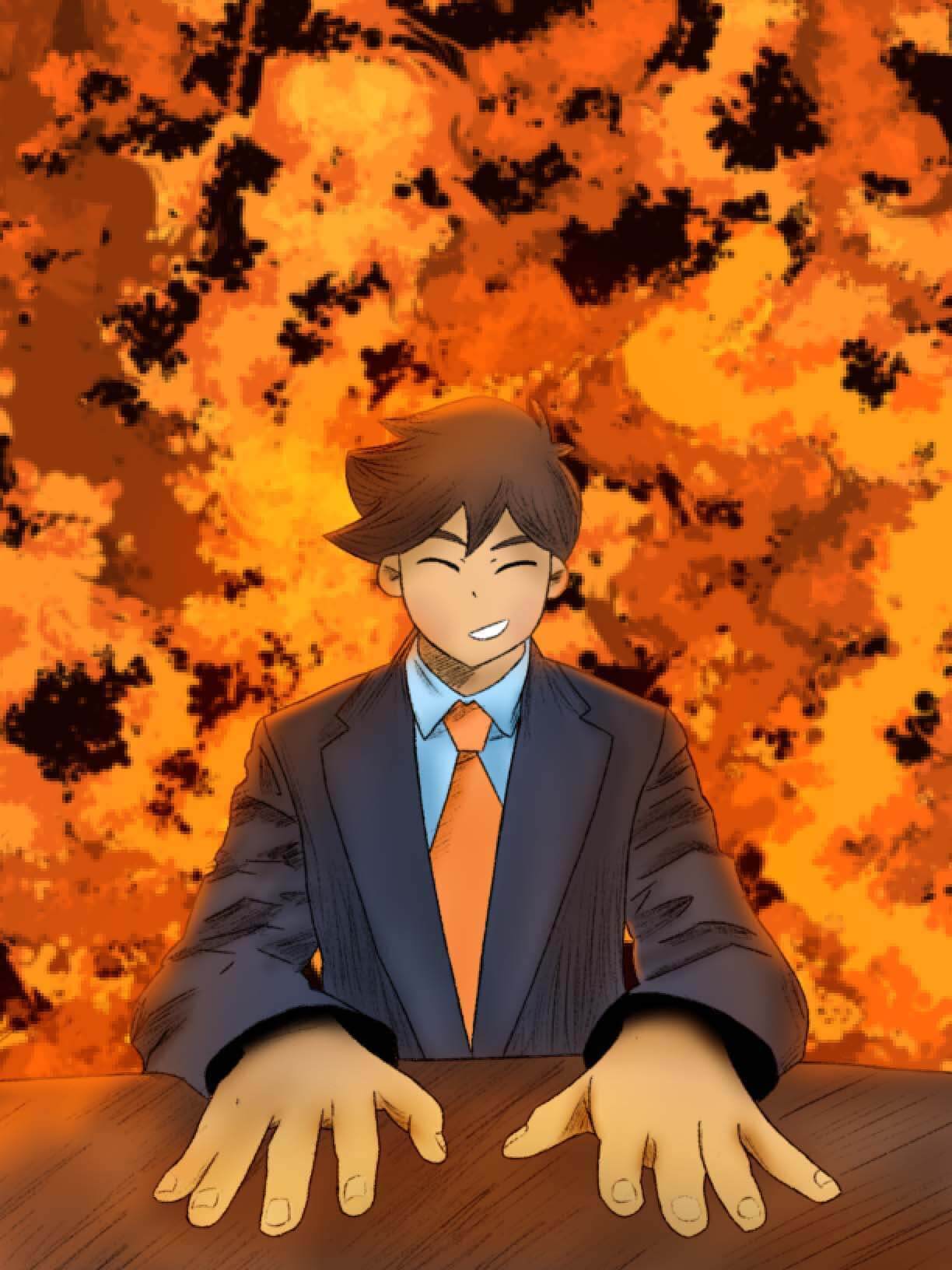 Cartoon drawing of a guy dressed on a suit, flames background